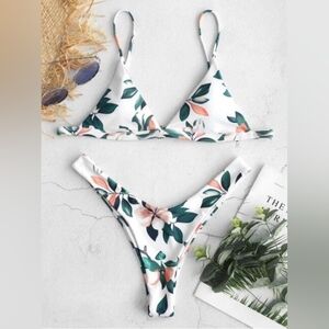 NWT Zaful Floral Triangle High Cut Bikini Swimsuit Size 6 White Green Orange MED